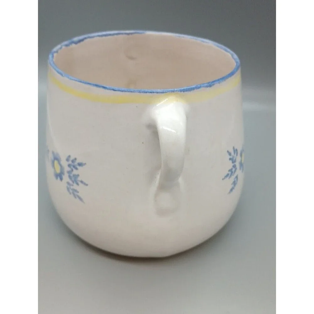 Vintage AMNION Clay Pottery Handpainted ALGARVE Blue Yellow CROCK w Two Handles